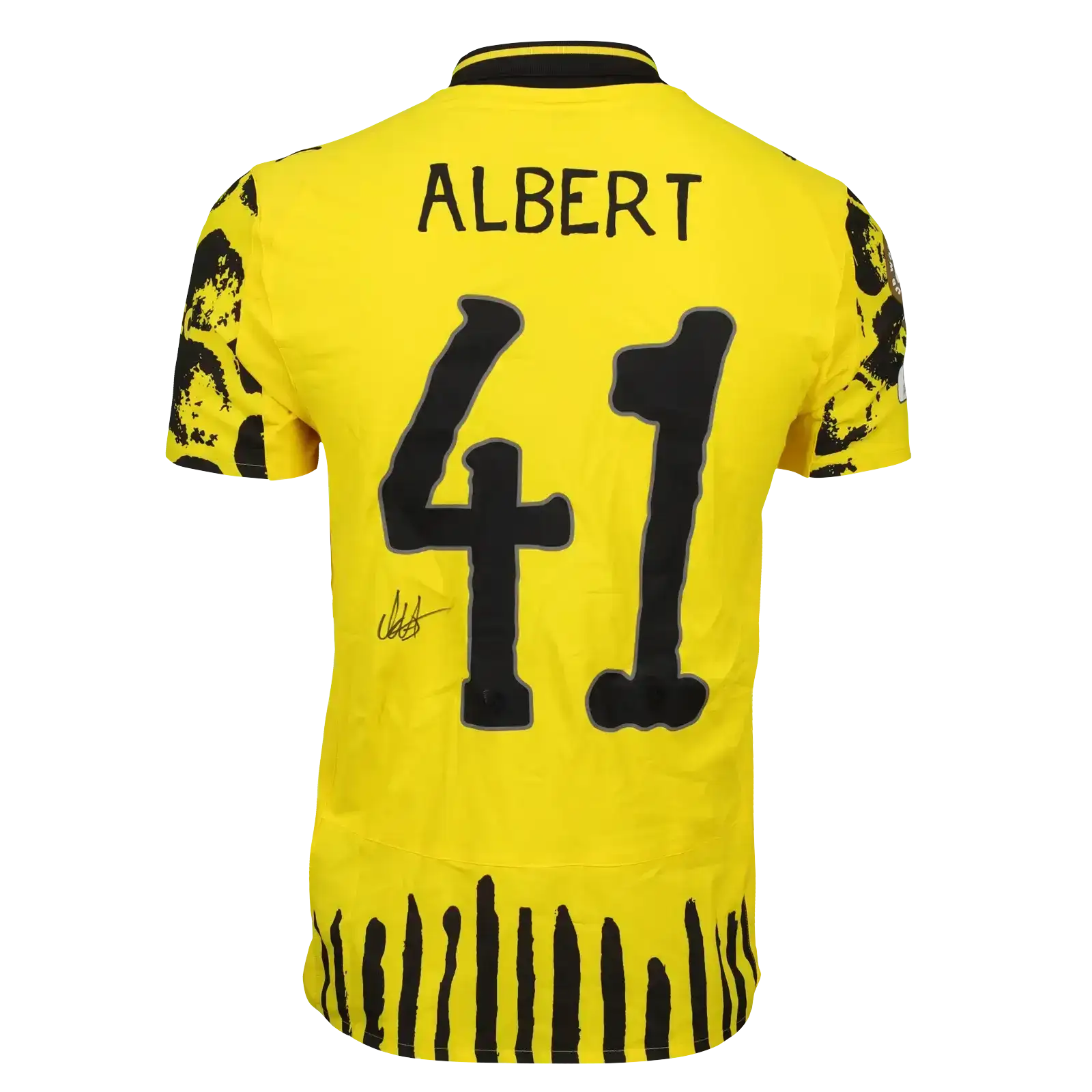 Back view showing player name ALBERT, squad No. 41, and signature on a yellow football shirt.