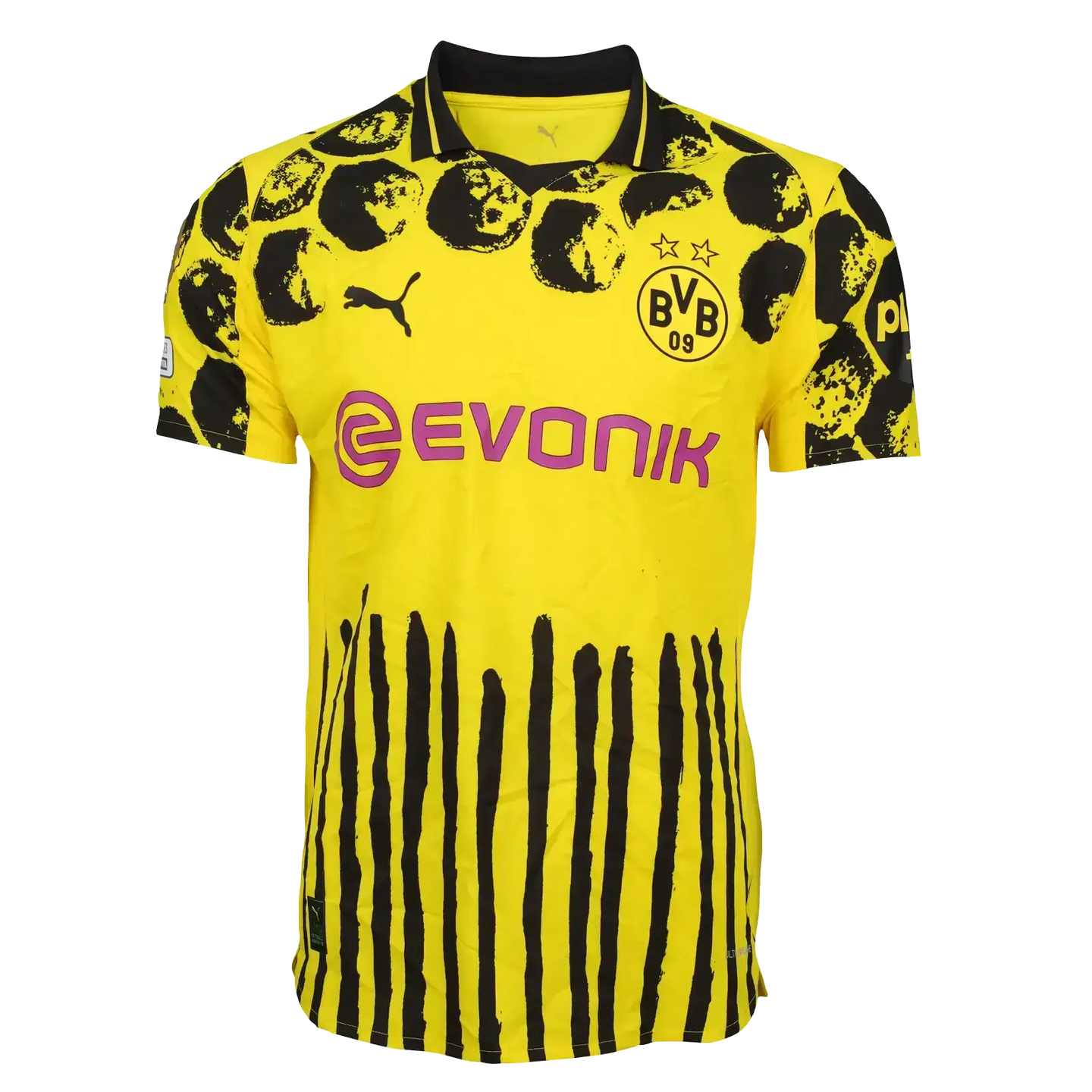 Front view of Mathis Albert's signed football shirt featuring Borussia Dortmund crest and Evonik sponsor.