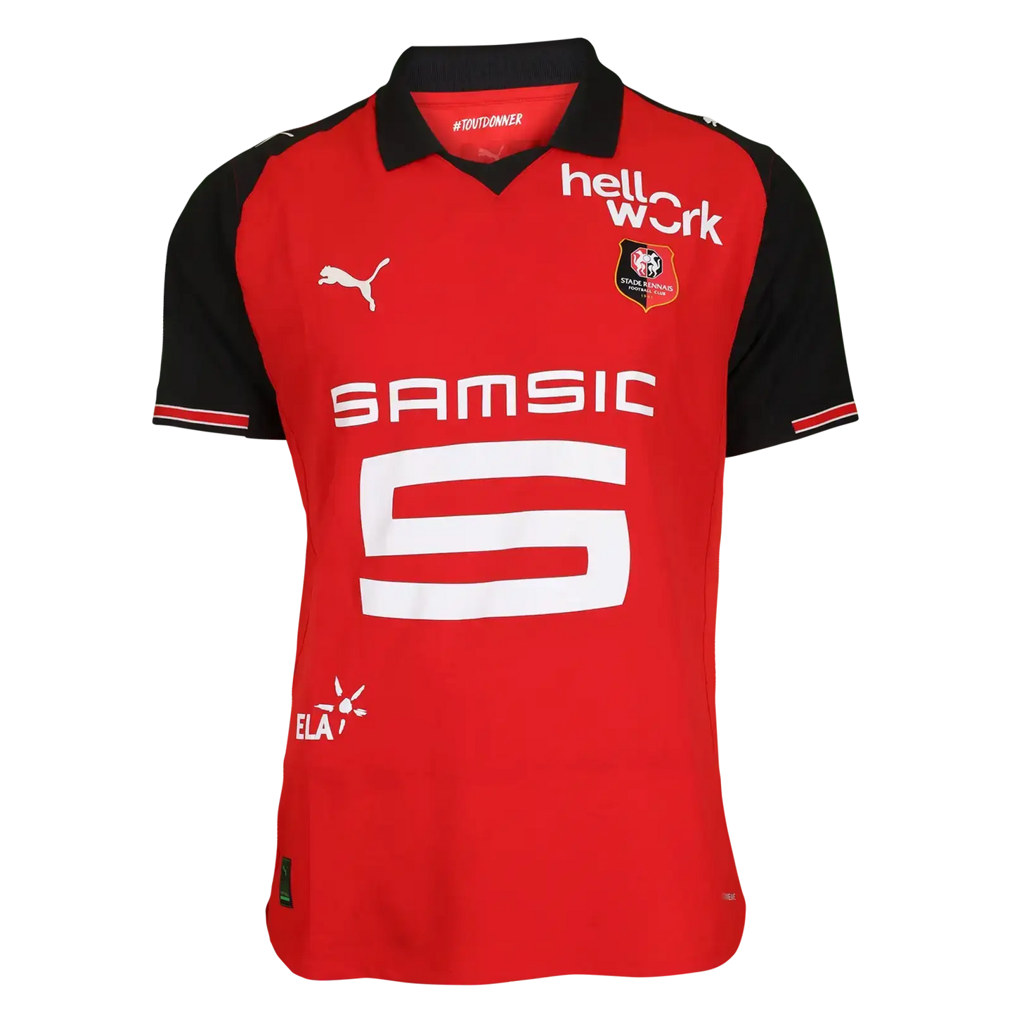 Red and black Stade Rennes shirt featuring No. 5 and hellwork sponsor.