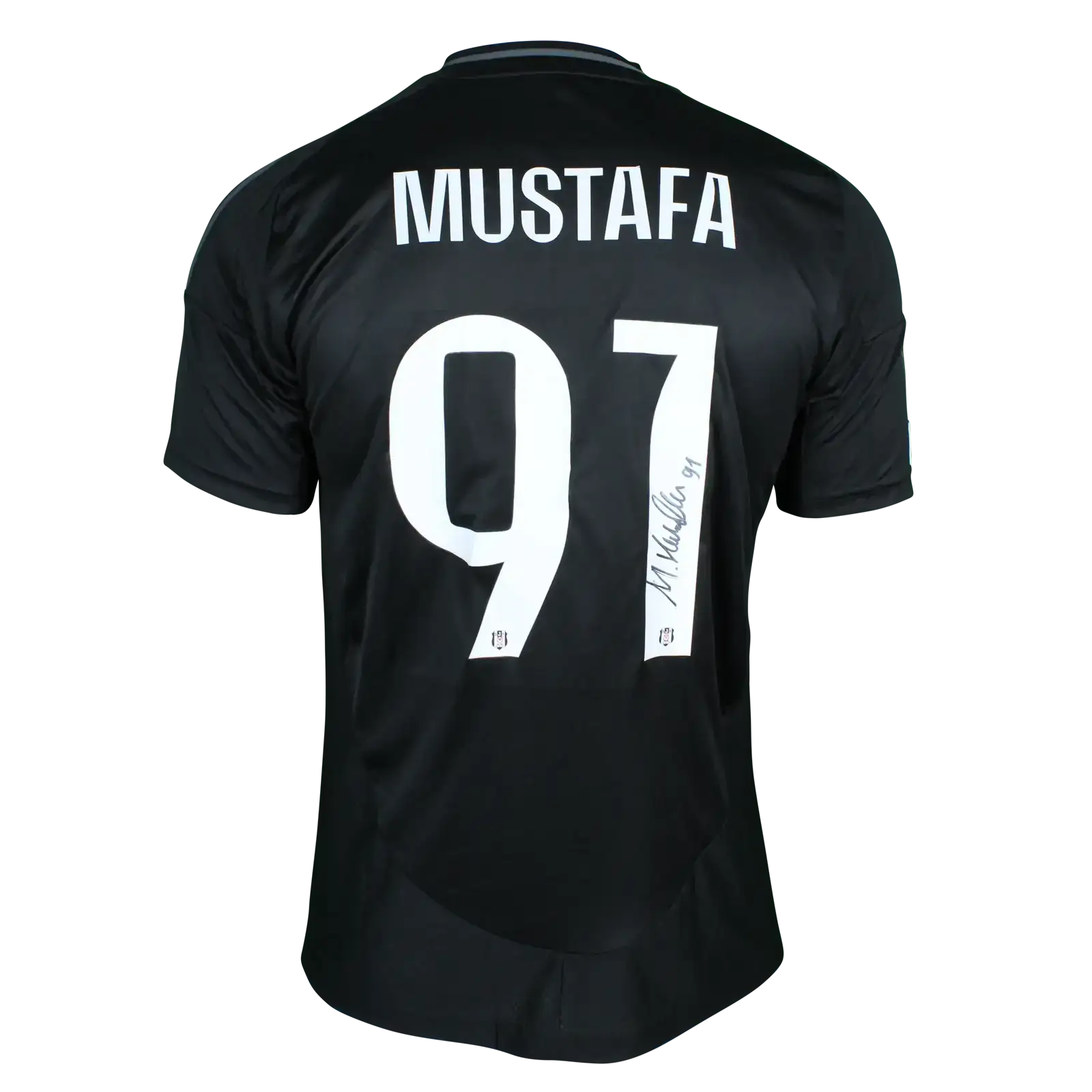 Back view showing MUSTAFA and No. 97 with a visible signature on the football shirt.