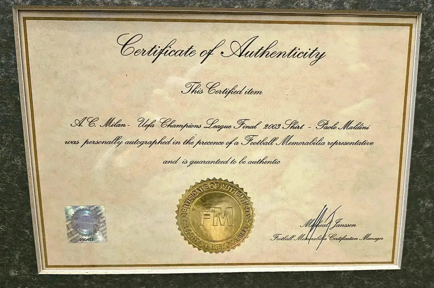 Certificate of Authenticity for A.C. Milan, UEFA Champions League Final 2003 Shirt - Paolo Maldini.