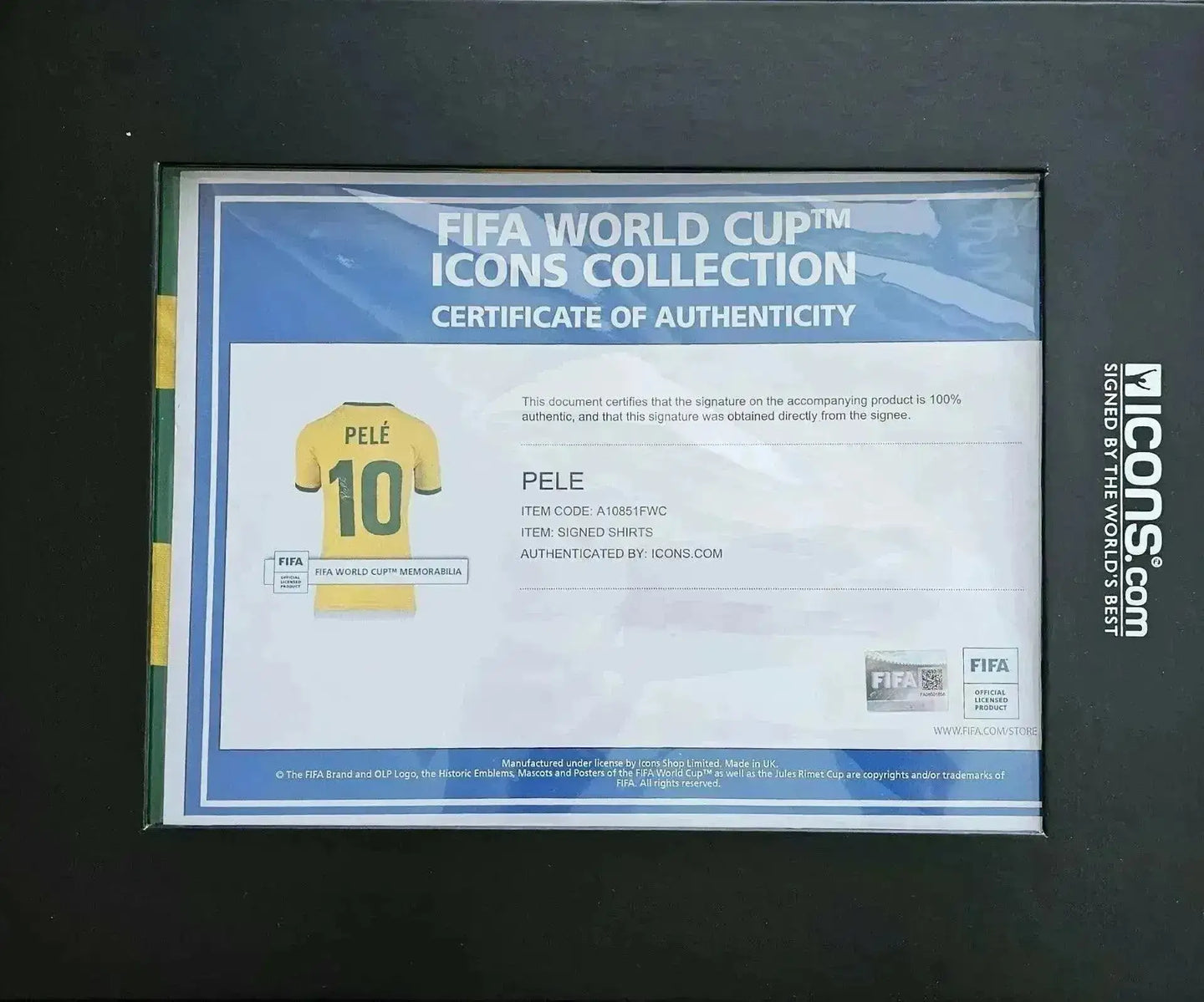 Certificate of authenticity for signed soccer jersey featuring Pelé, No. 10 from FIFA Icons Collection.