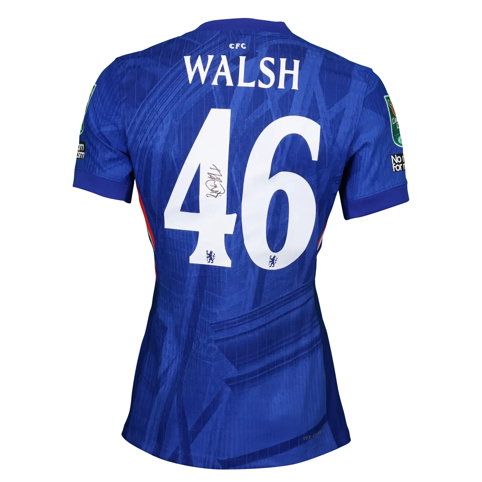 Back view featuring name WALSH, number 46, and signature of Reggie Walsh on blue football shirt.