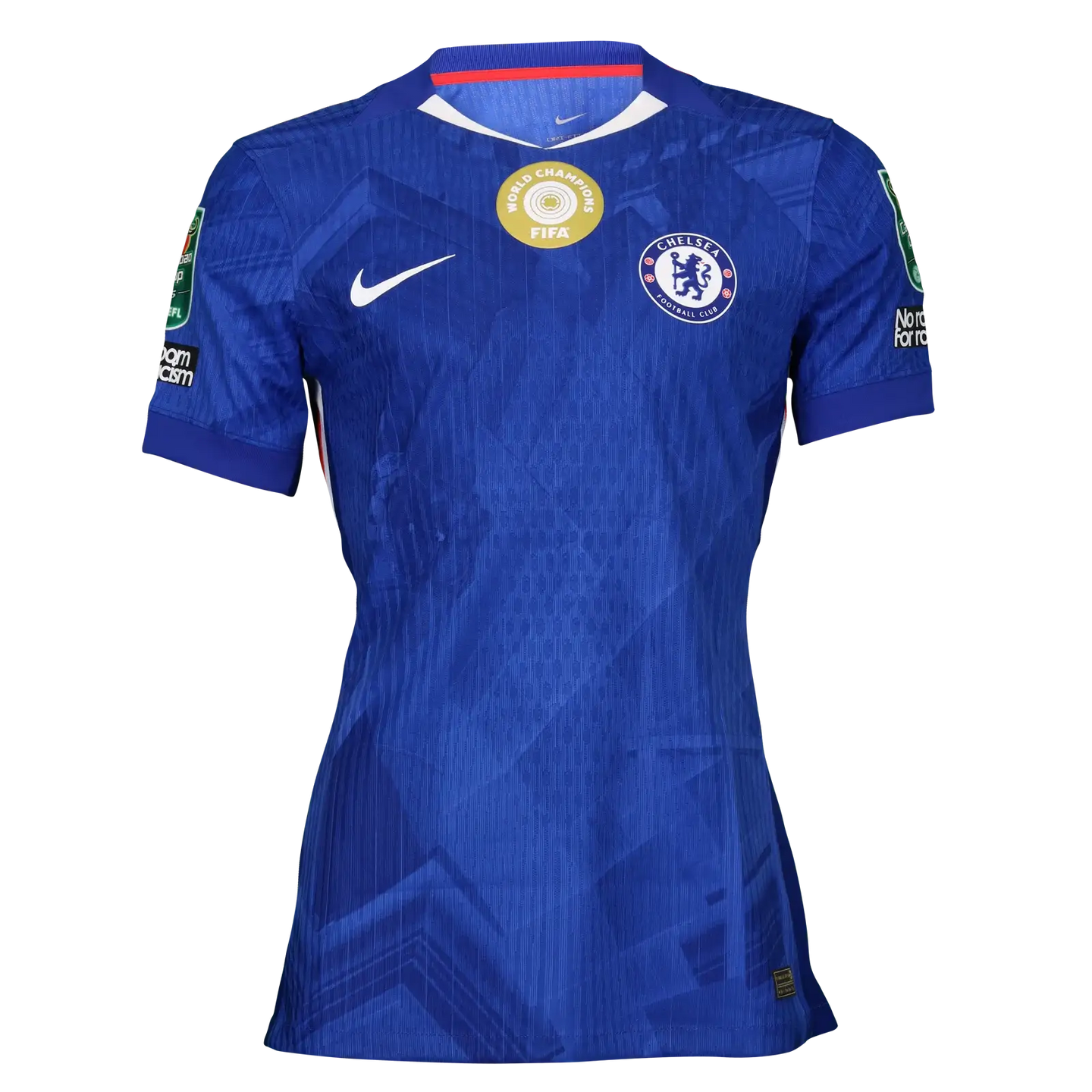 Front view of a blue Chelsea football shirt featuring the team crest and World Champions FIFA badge.