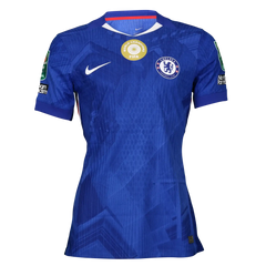 Front view of a blue Chelsea football shirt featuring the team crest and World Champions FIFA badge.