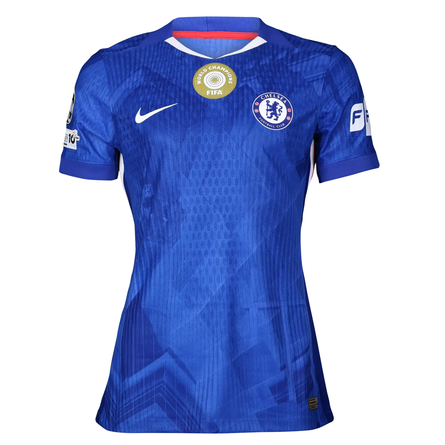 Front view of a blue Chelsea football shirt featuring the team crest and World Champions FIFA badge.