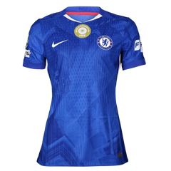Front view of a blue Chelsea football shirt featuring the team crest and World Champions FIFA badge.
