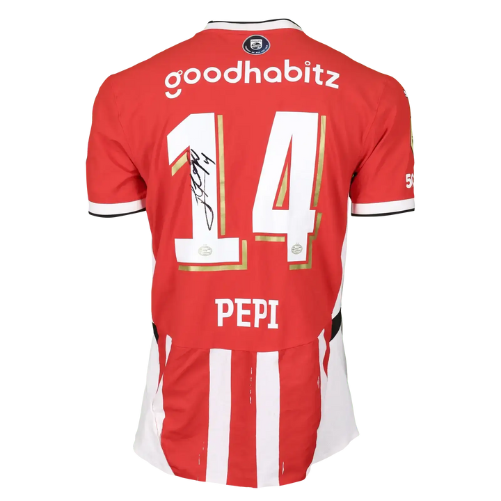 Back view showing No. 14, name PEPI, and signature on a red striped football shirt.