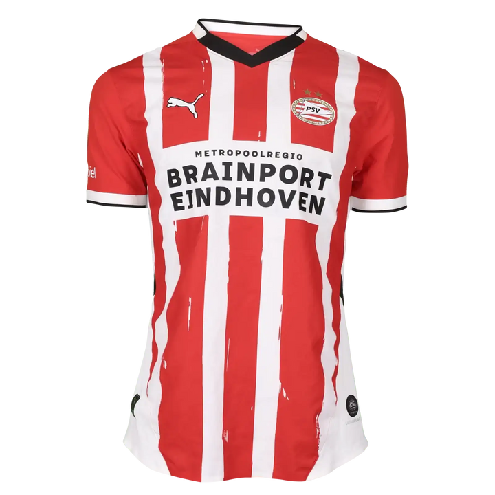 Front view of a red and white striped PSV Eindhoven football shirt with a Puma logo and sponsor text.