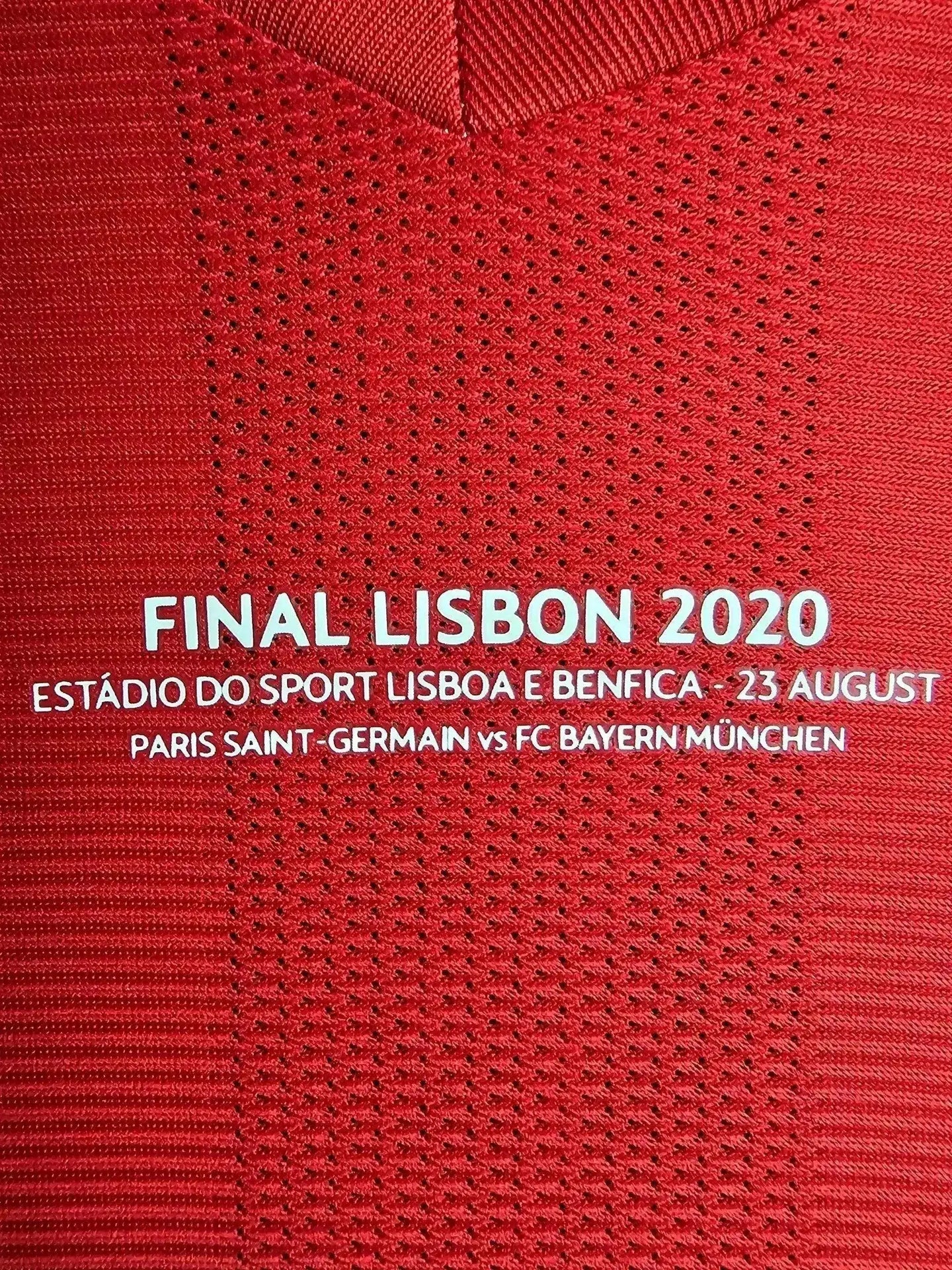 Detail featuring text: FINAL LISBON 2020, PARIS SAINT-GERMAIN vs FC BAYERN MÜNCHEN.