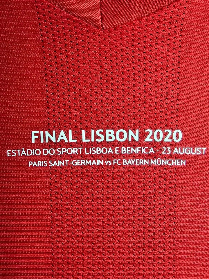 Detail featuring text: FINAL LISBON 2020, PARIS SAINT-GERMAIN vs FC BAYERN MÜNCHEN.