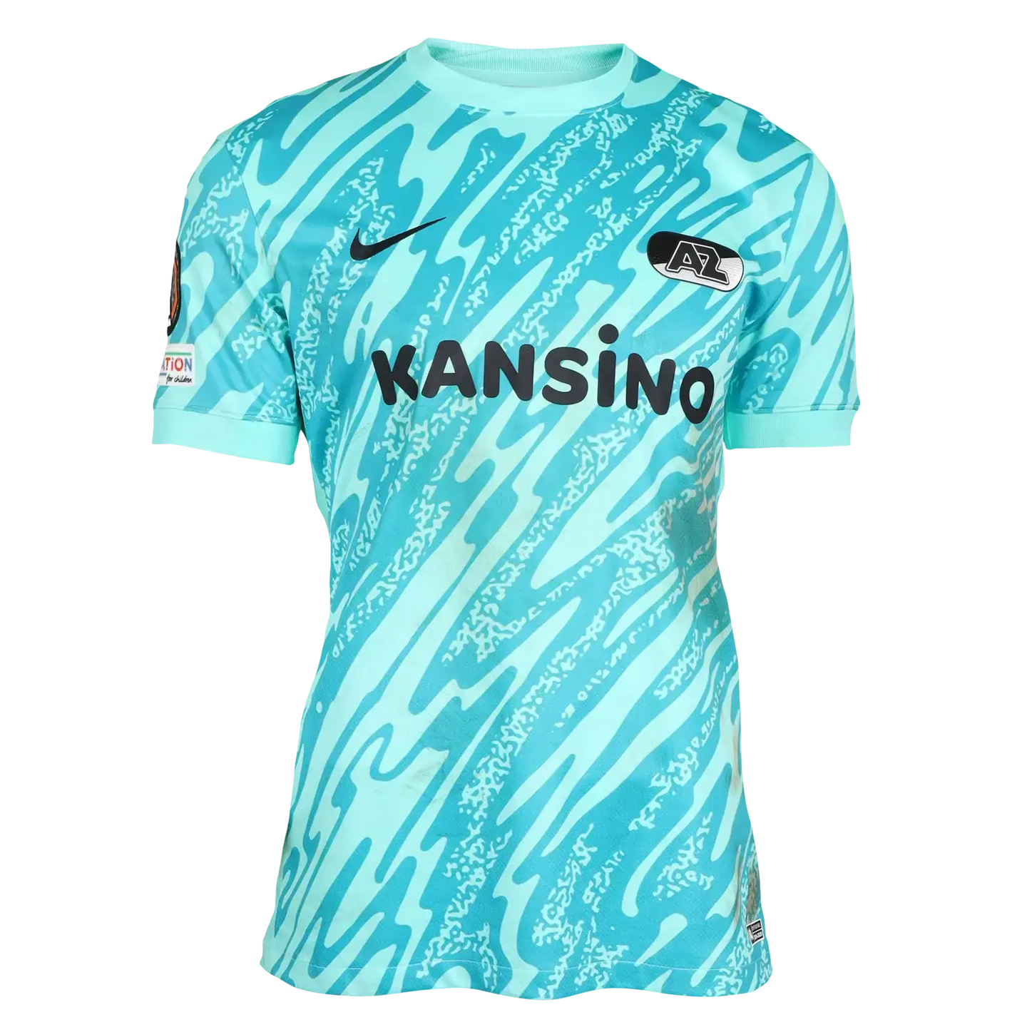 Front view of Owusu-Oduro AZ Alkmaar match worn signed soccer jersey with KANSINO sponsor.