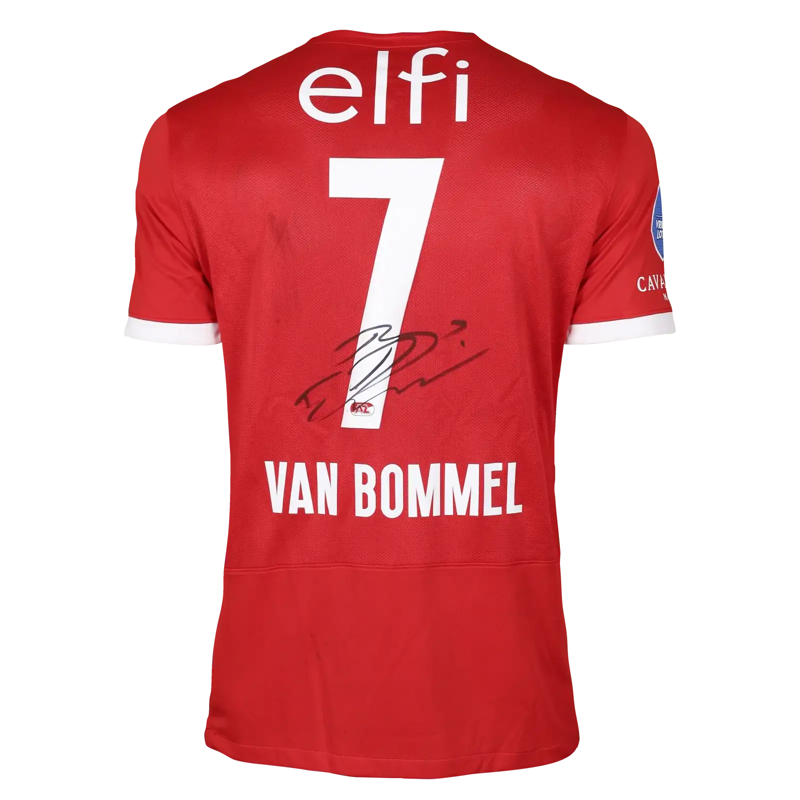 Back view of signed red football shirt featuring No. 7 and 'VAN BOMMEL' in white.
