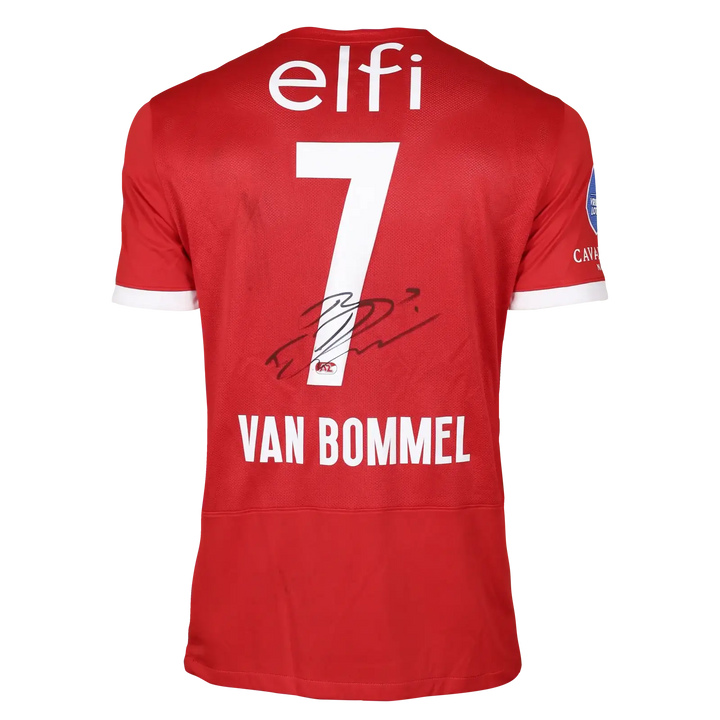 Back view of signed red football shirt featuring No. 7 and 'VAN BOMMEL' in white.