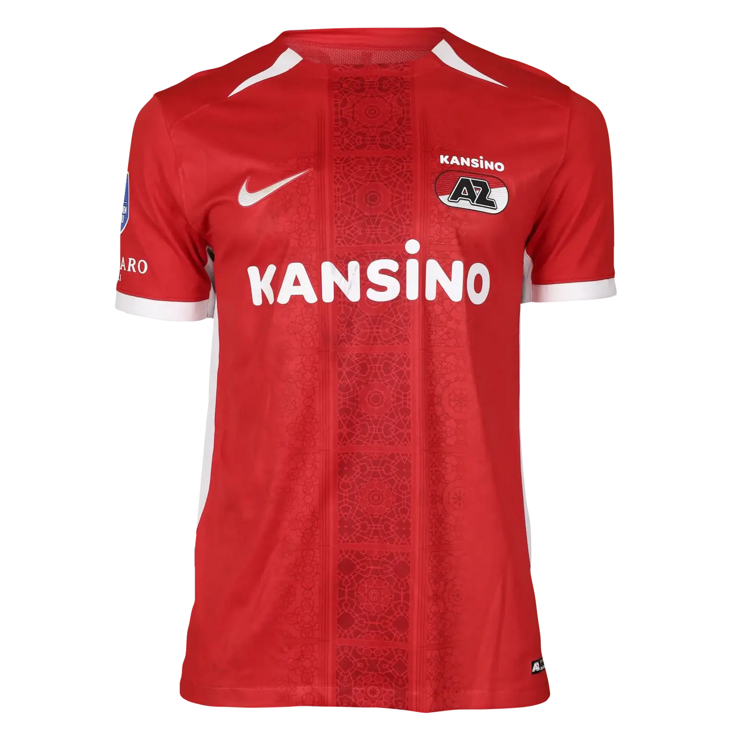 Front view of a signed Ruben van Bommel 7 AZ Alkmaar football shirt in red, featuring the Kansino logo.