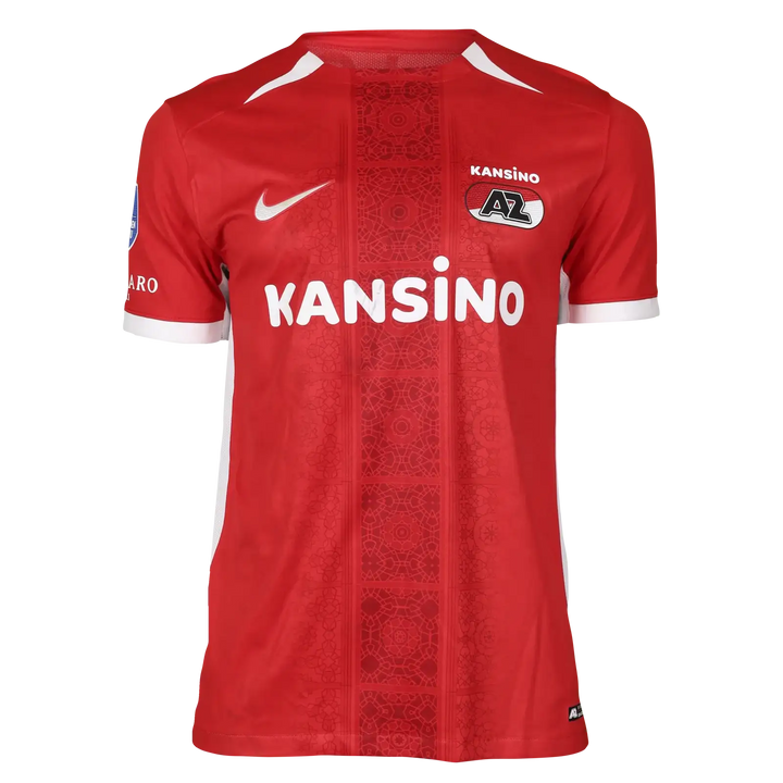 Front view of a signed Ruben van Bommel 7 AZ Alkmaar football shirt in red, featuring the Kansino logo.