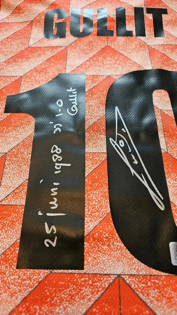 Detail of Ruud Gullit signature on the back of shirt with No. 10 and date '25 juni 1988'.