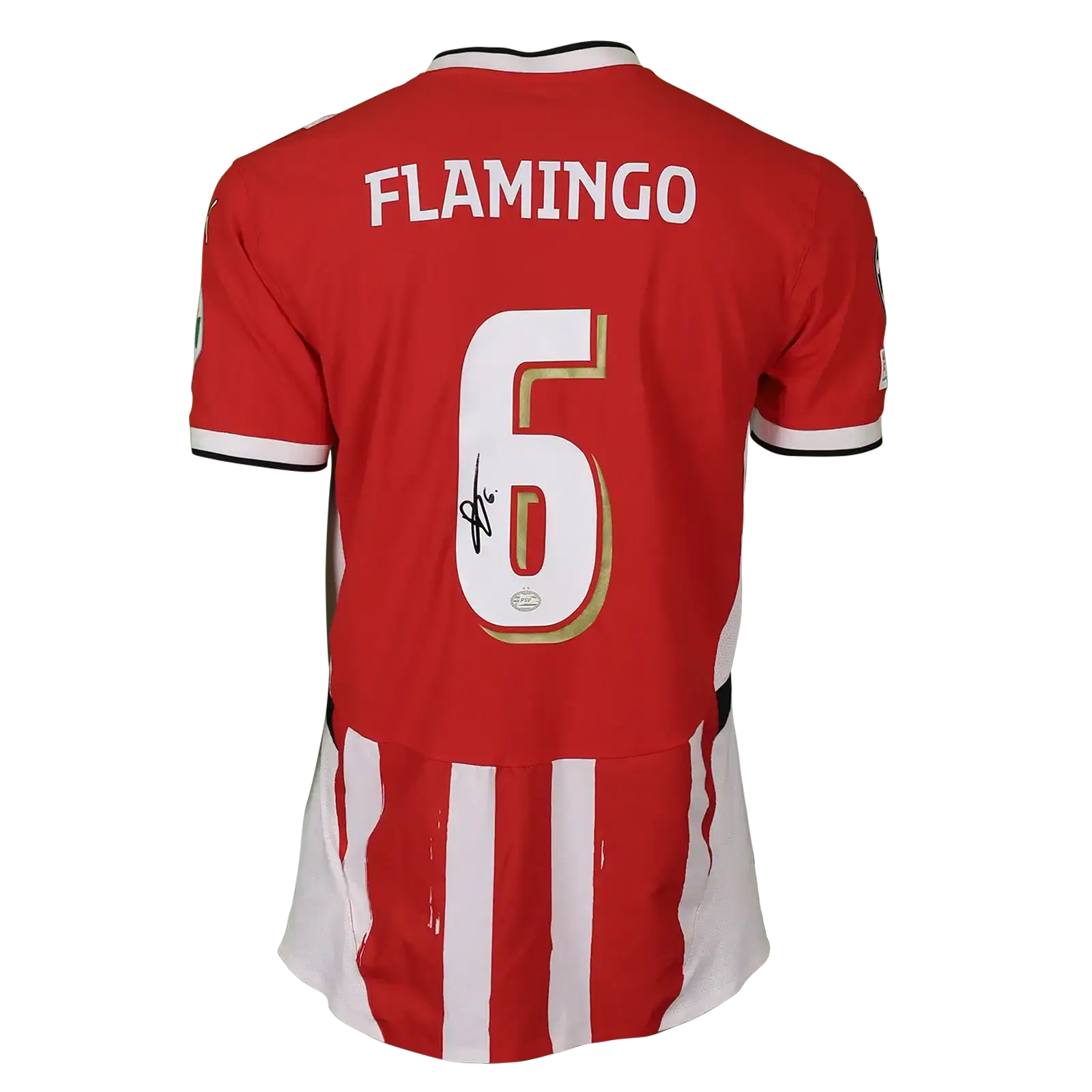 Back view of signed football shirt featuring name FLAMINGO and number 6.