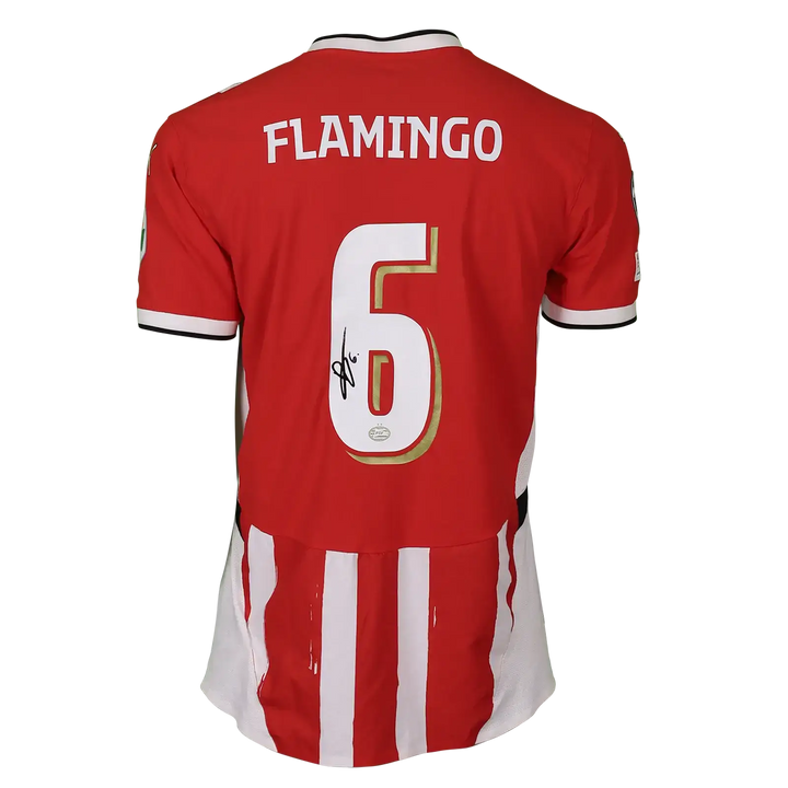 Back view of signed football shirt featuring name FLAMINGO and number 6.