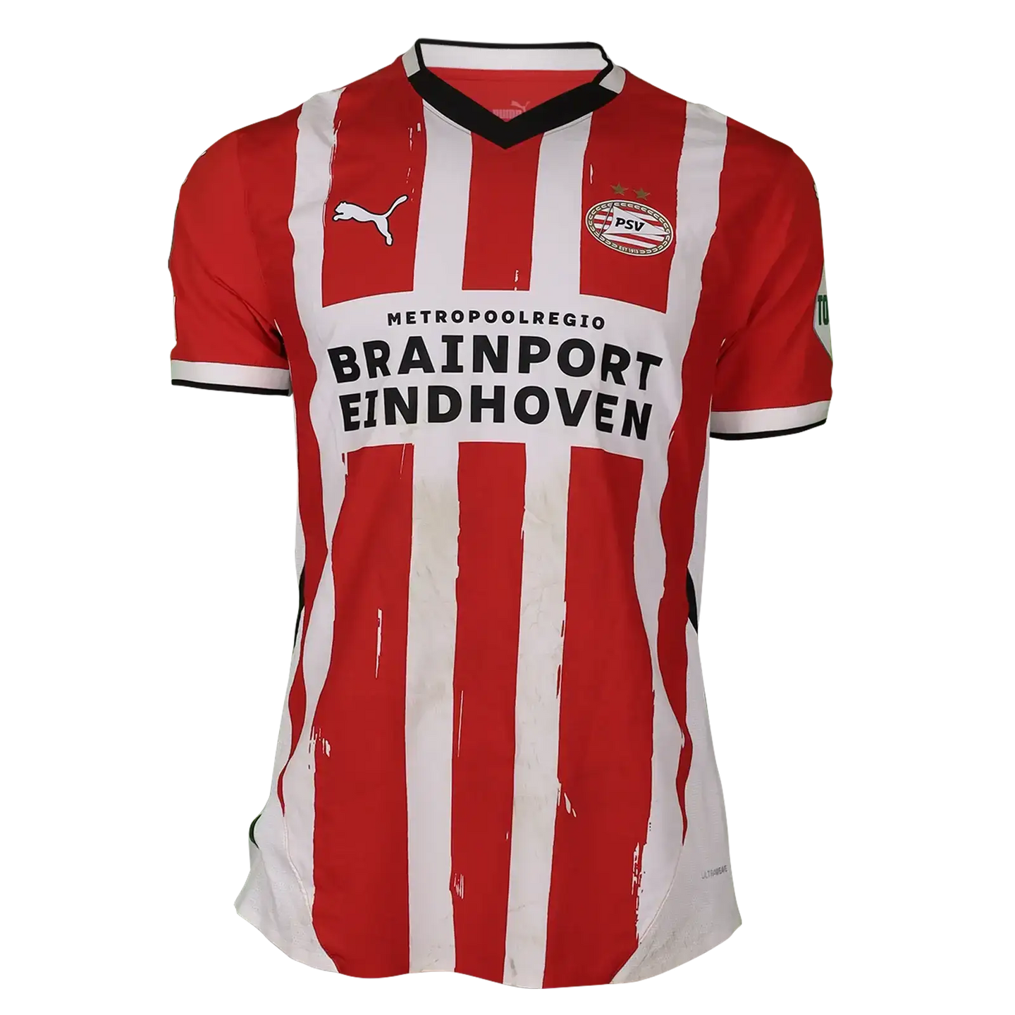 Front view of Ryan Flamingo 6 PSV signed football shirt featuring red and white stripes, with sponsor 'BRAINFOORT EINDHOVEN'.