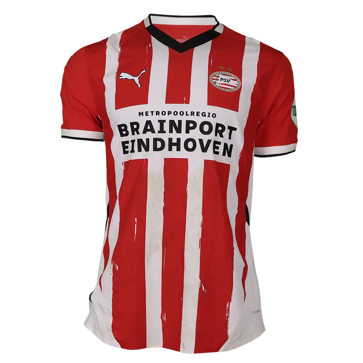 Front view of Ryan Flamingo 6 PSV signed football shirt featuring red and white stripes, with sponsor &
