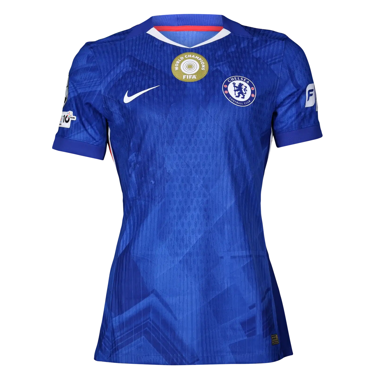 Front view of blue Chelsea F.C. football shirt with FIFA World Champions badge.