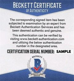 Beckett Certificate of Authenticity stating item is deemed authentic and genuine, with serial number SAMPLE.