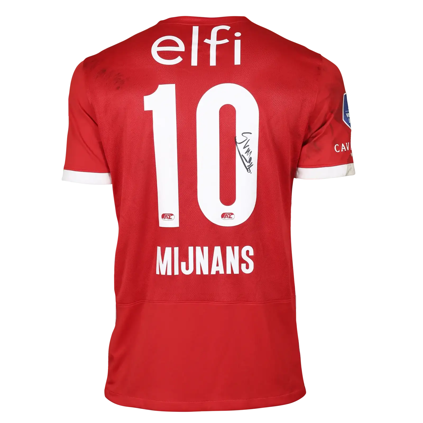 Back view showing No. 10 and signature of Mijnans on a red football shirt.