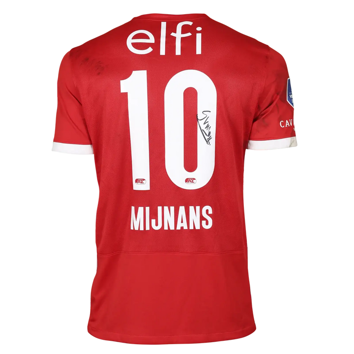 Back view showing No. 10 and signature of Mijnans on a red football shirt.
