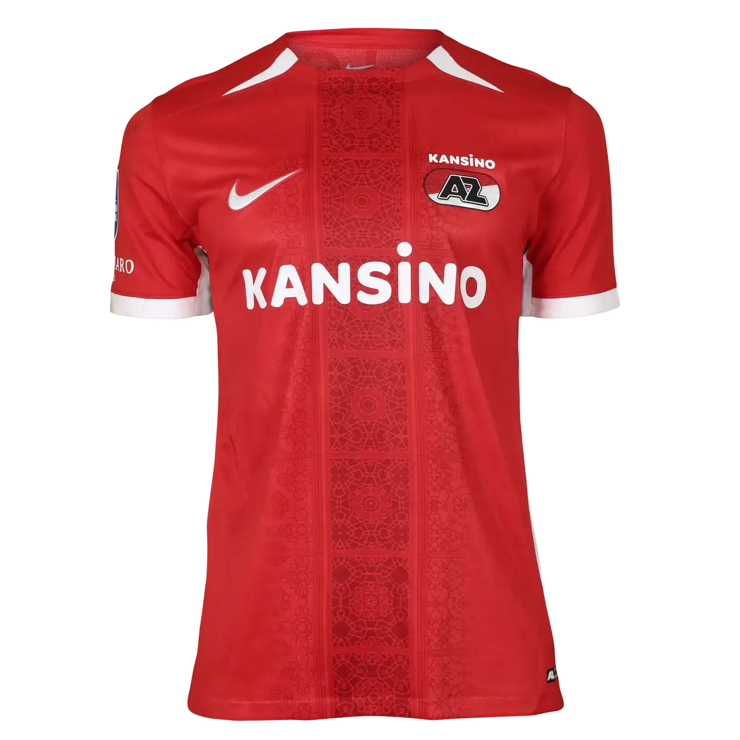 Front view of the signed AZ Alkmaar football shirt featuring the name Kansino and red design.