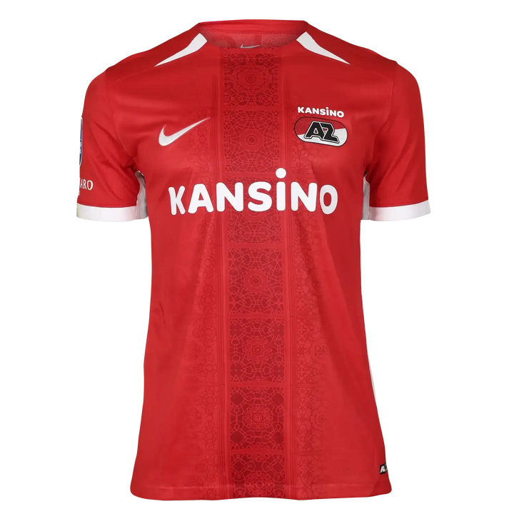 Front view of the signed AZ Alkmaar football shirt featuring the name Kansino and red design.