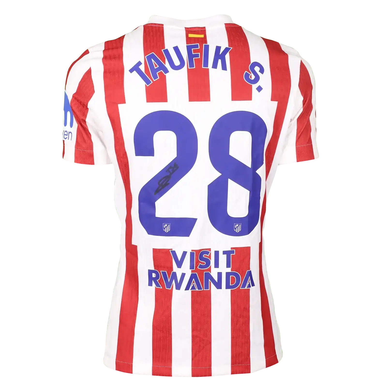 Back view of Taufik Seidu 28 Atlético Madrid shirt with VISIT RWANDA and signature detail.