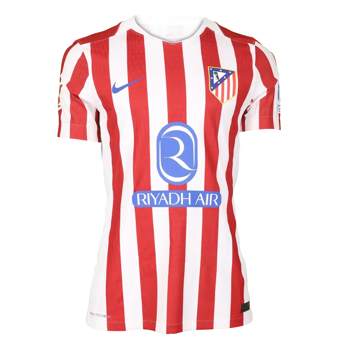 Atlético Madrid shirt with red and white vertical stripes, featuring the crest and Riyadh Air sponsor.