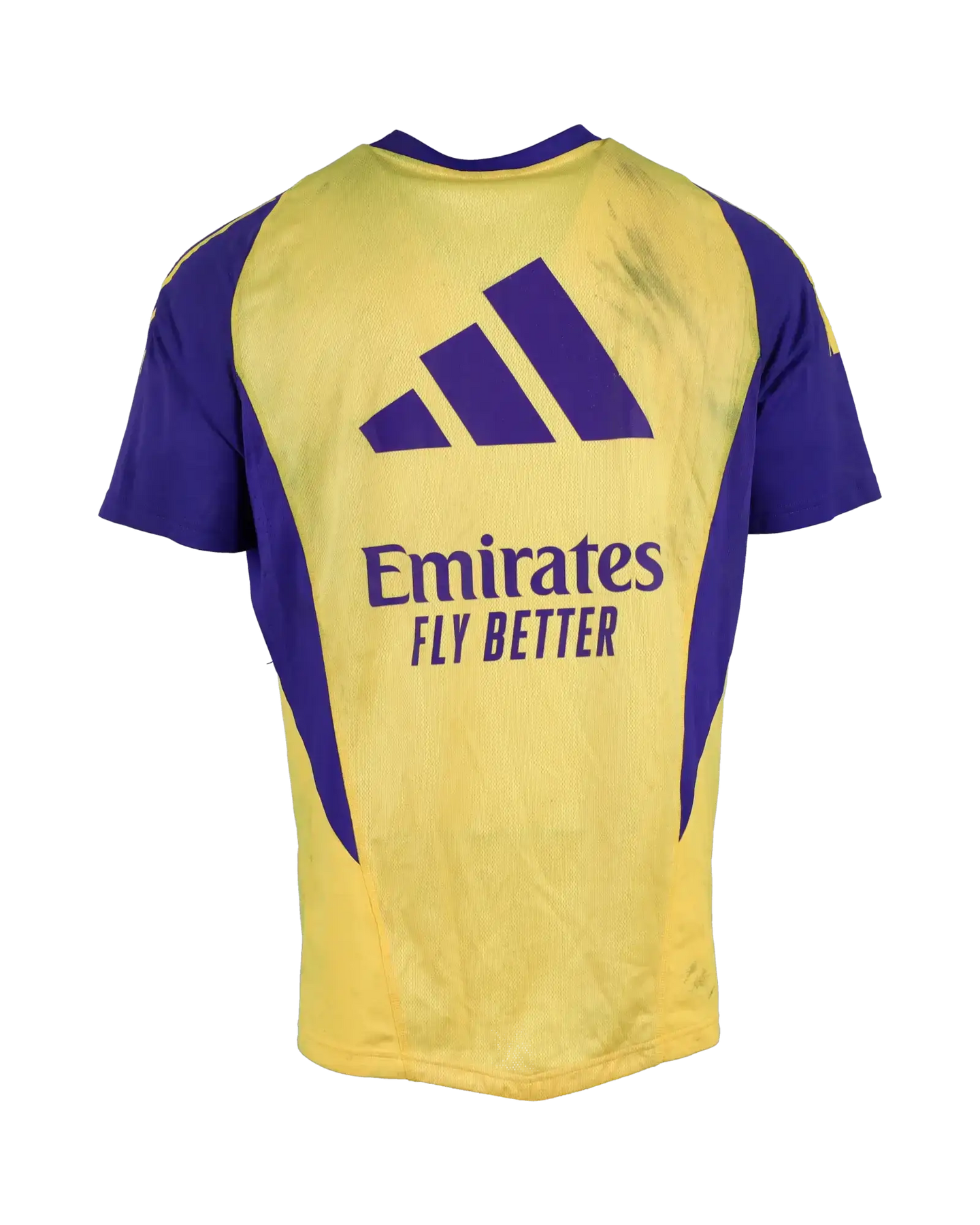 Back view of football shirt showing adidas logo and Emirates Fly Better sponsor.