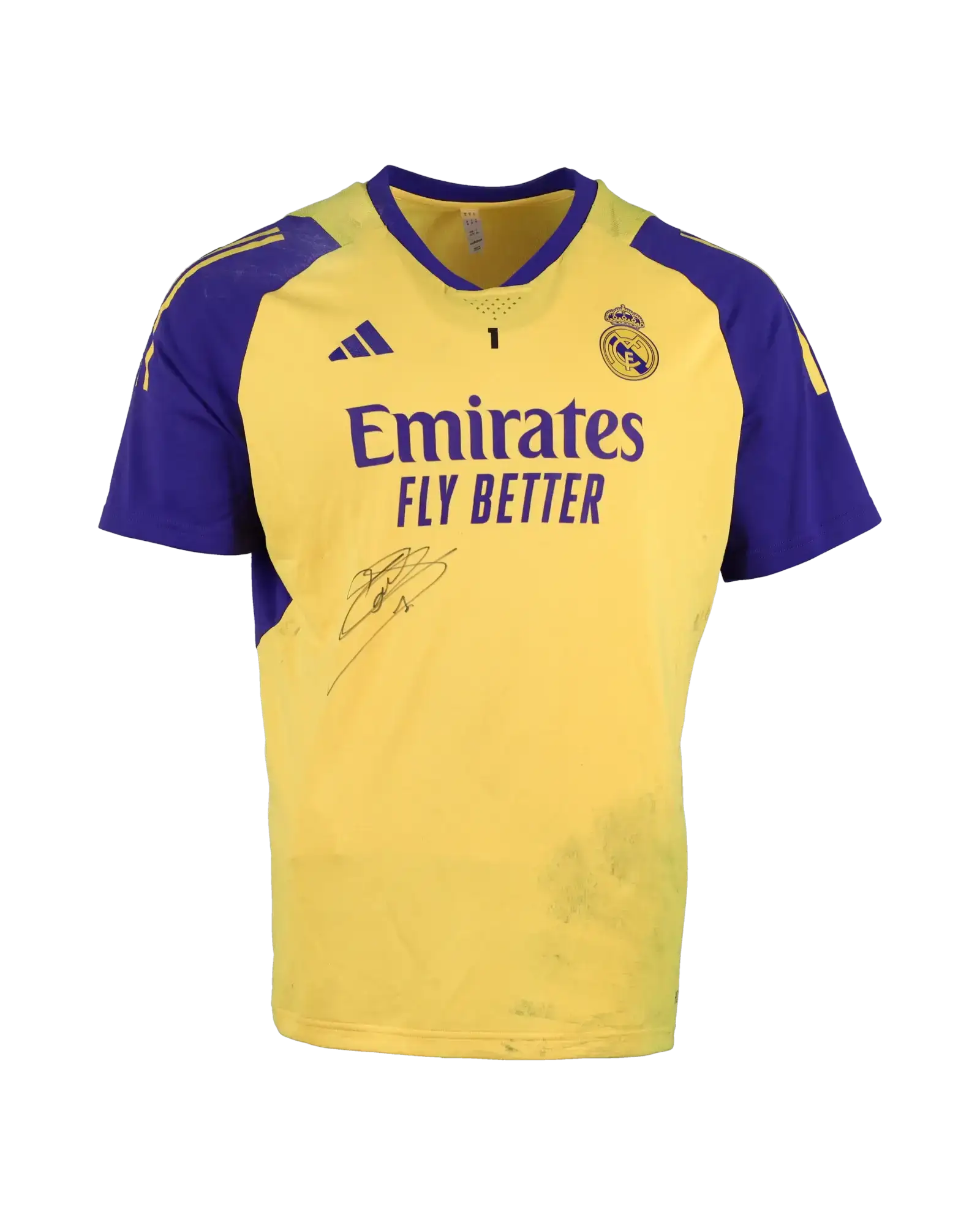 Front view of Thibaut Courtois signed football shirt in yellow and navy with 'Emirates Fly Better'.