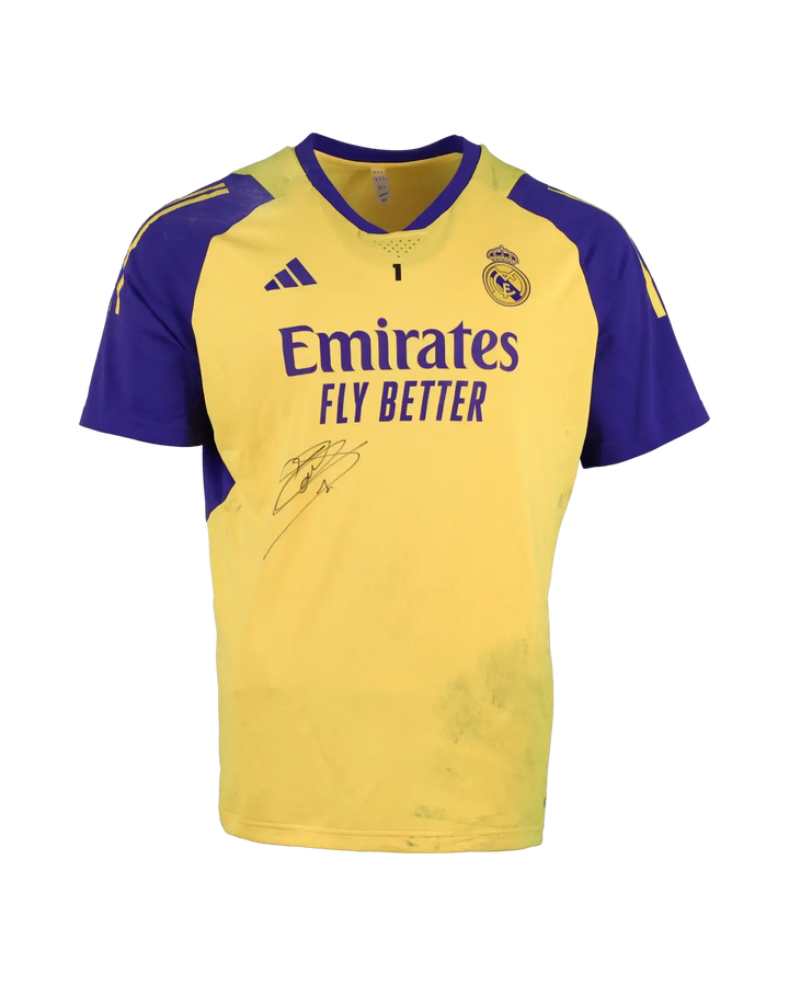 Front view of Thibaut Courtois signed football shirt in yellow and navy with &