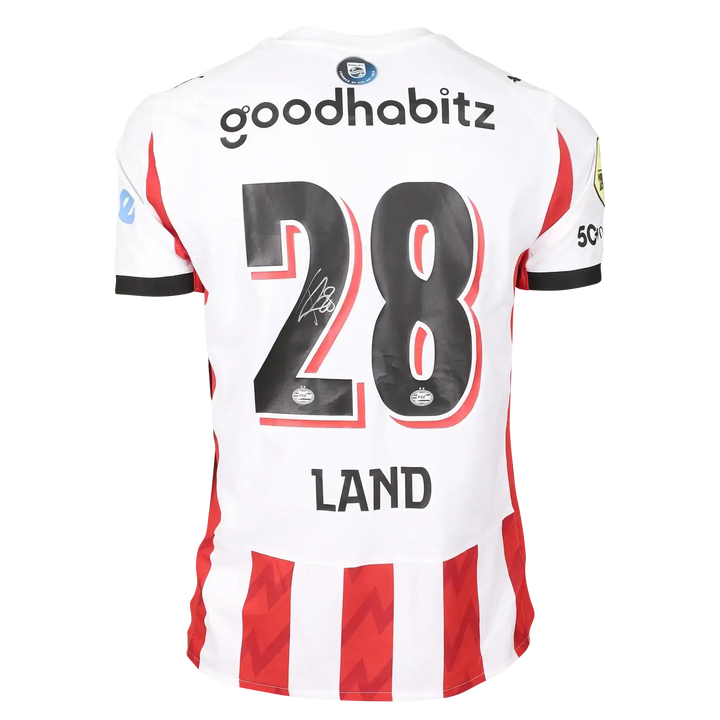 Back of PSV Eindhoven shirt featuring No. 28, Land, and a visible signature.