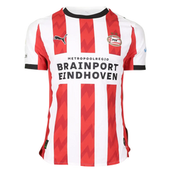 PSV Eindhoven match-worn shirt with red and white stripes, featuring Brainport Eindhoven and Puma logos.