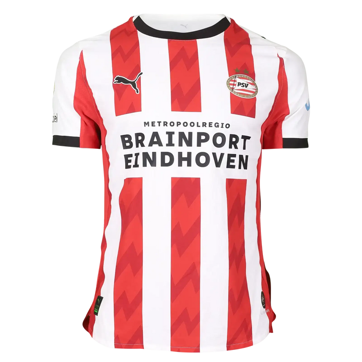 PSV Eindhoven match-worn shirt with red and white stripes, featuring Brainport Eindhoven and Puma logos.