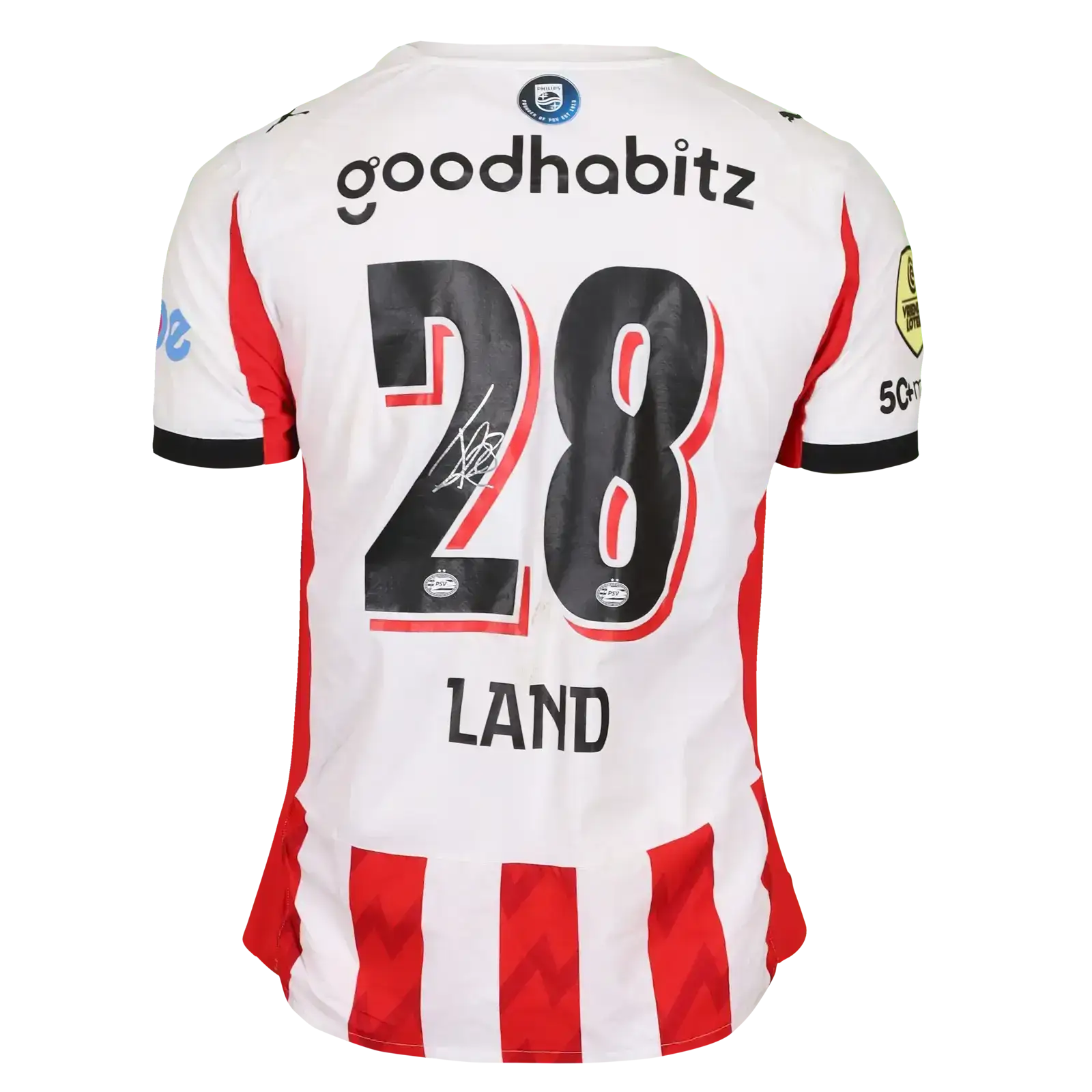 Back view showing No. 28, name LAND, and signature with red and white striped design.