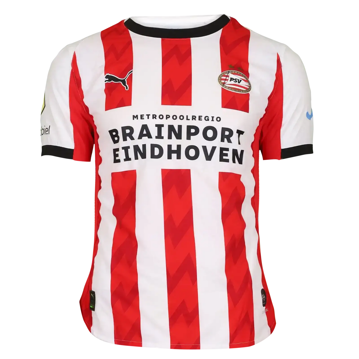 Front view of a red and white PSV Eindhoven football shirt featuring the text 'BRAINPORT EINDHOVEN'.