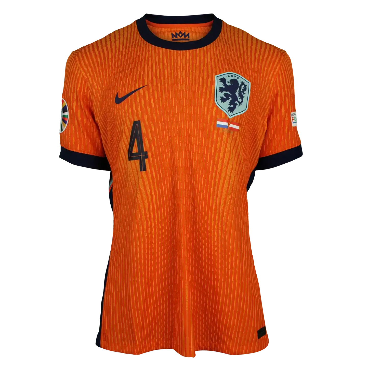 Front view of Virgil van Dijk's signed football shirt, featuring No. 4 and the Netherlands crest.