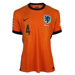 Front view of Virgil van Dijk's signed football shirt, featuring No. 4 and the Netherlands crest.