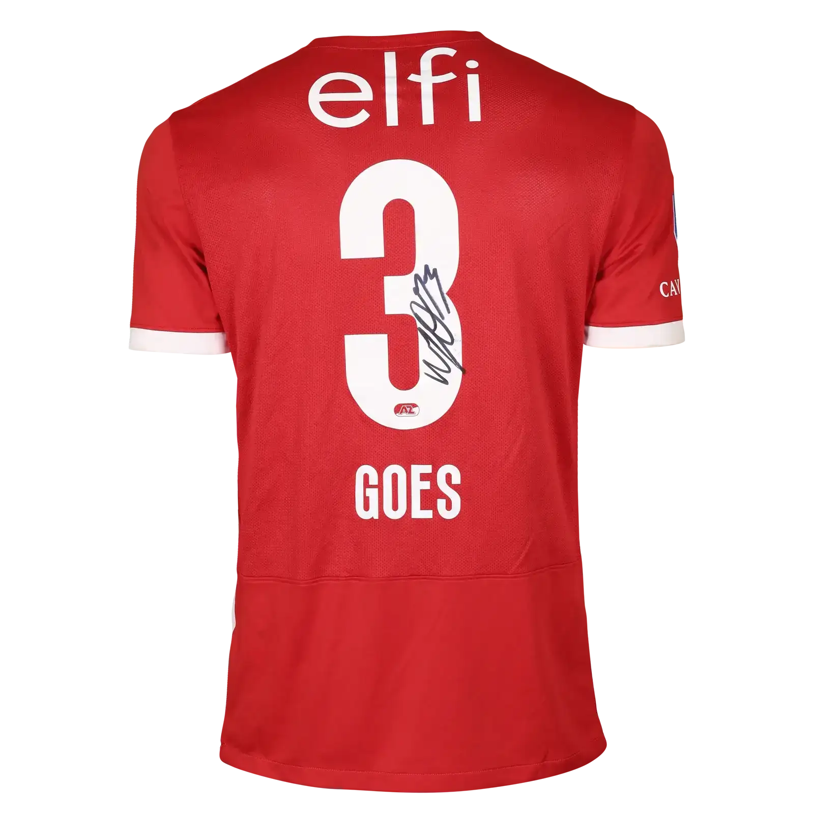 Back view showing No. 3, name 'GOES', and signature on a red football shirt.