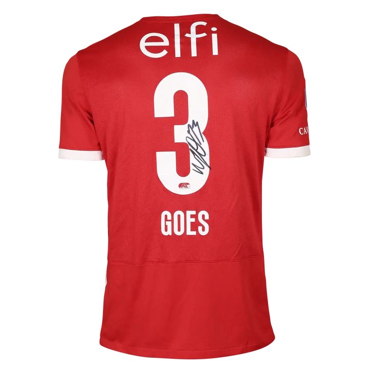 Back view showing No. 3, name 'GOES', and signature on a red football shirt.