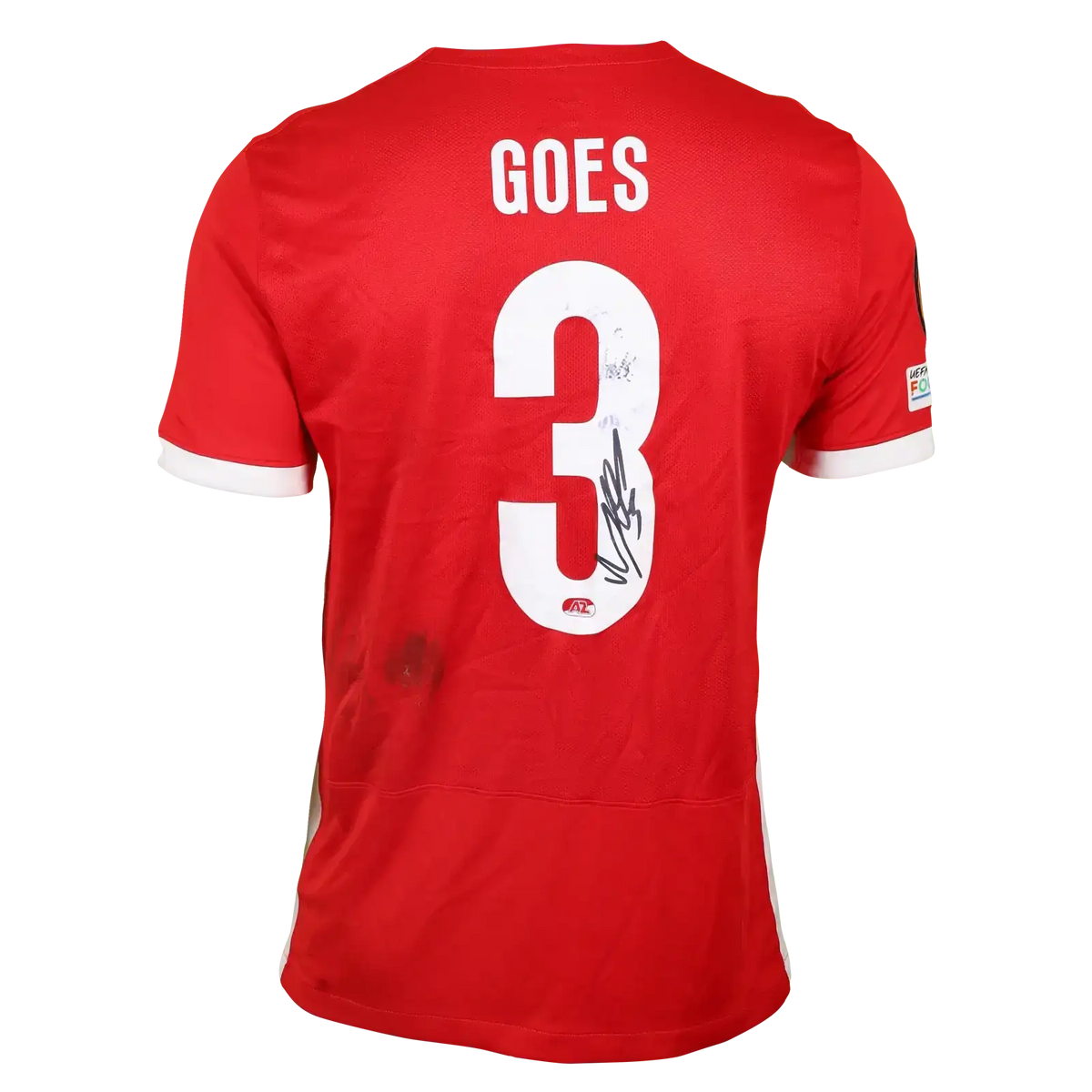 Back view showing No. 3, name Goes, and visible signature on a red football shirt.
