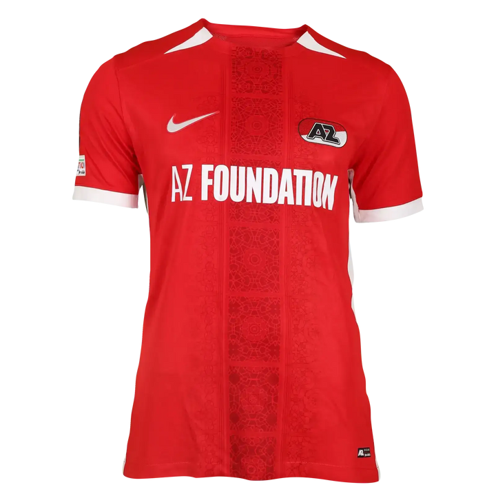 Front view showing red AZ Alkmaar football shirt with AZ FOUNDATION sponsor and logo.