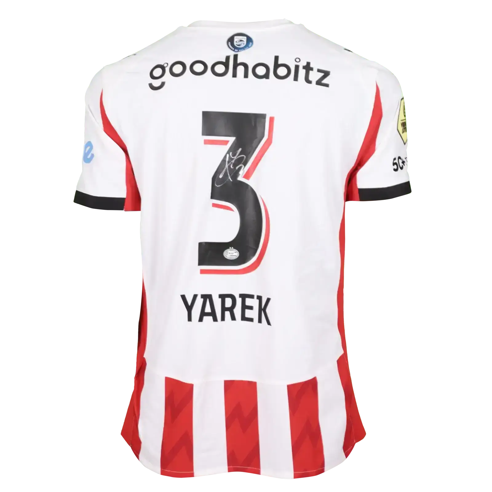 Back view of football shirt featuring No. 3, Yarek, and goodhabitz sponsor logo.