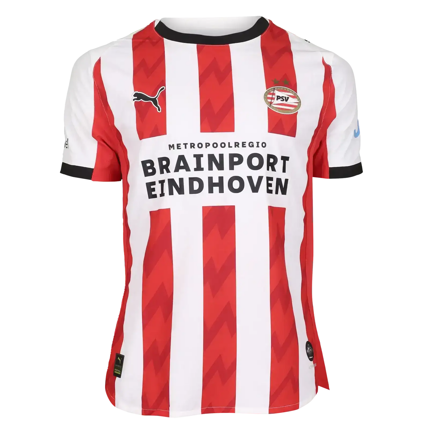 Front view of the Yarek Gasiorowski signed football shirt featuring red and white stripes, PSV crest, and sponsor text.