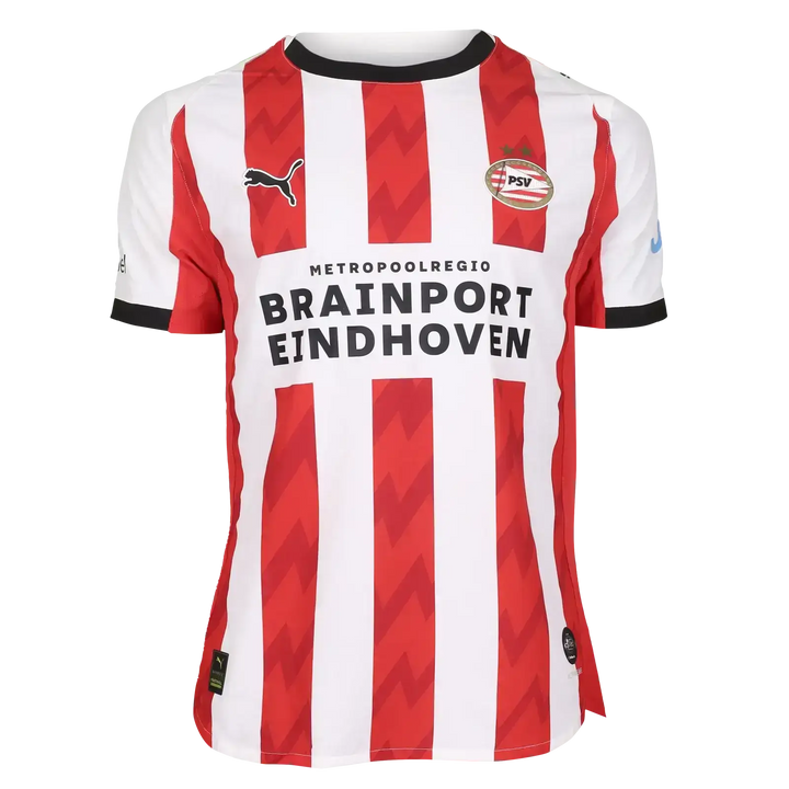 Front view of the Yarek Gasiorowski signed football shirt featuring red and white stripes, PSV crest, and sponsor text.